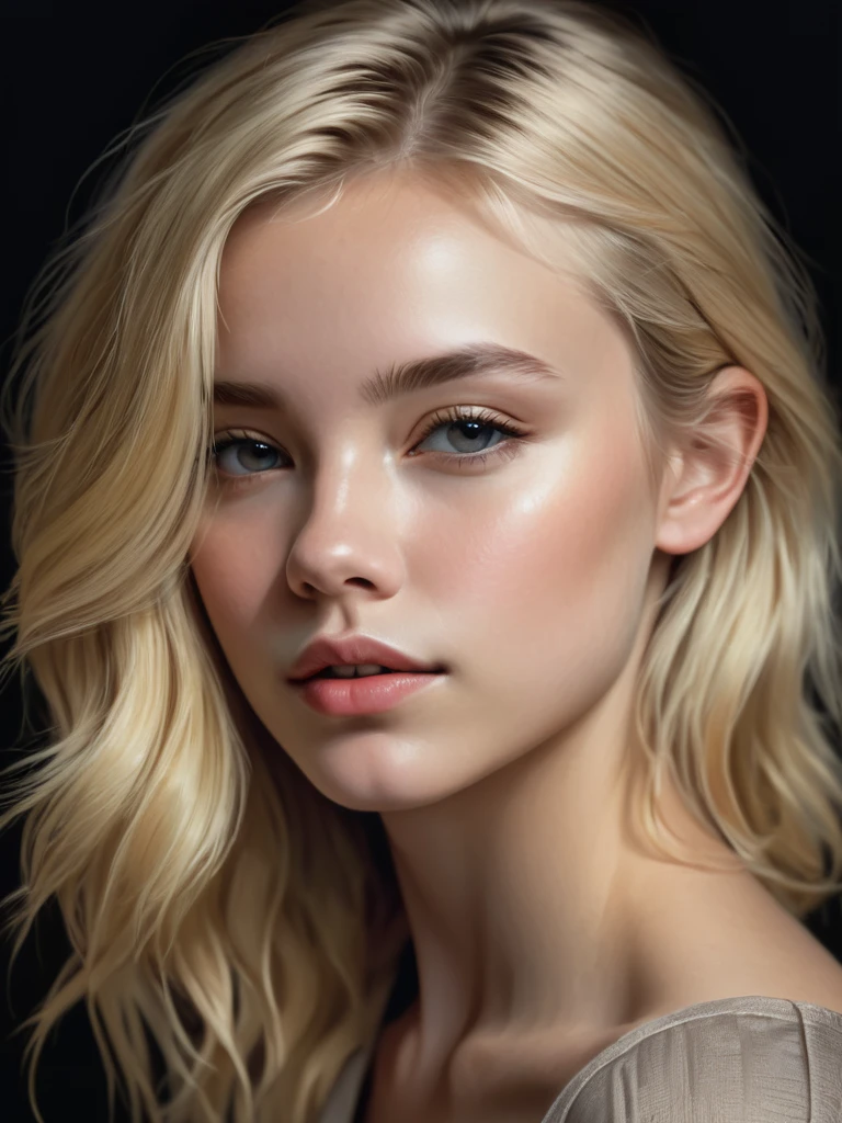 a young woman, blonde, dark theme, soothing tones, muted colors, high contrast, (natural skin texture, hyperrealism, soft light, sharp)
