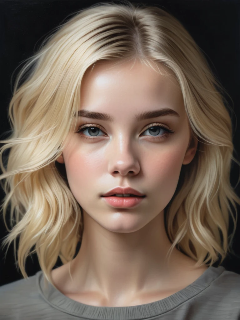 a young woman, blonde, dark theme, soothing tones, muted colors, high contrast, (natural skin texture, hyperrealism, soft light, sharp)
