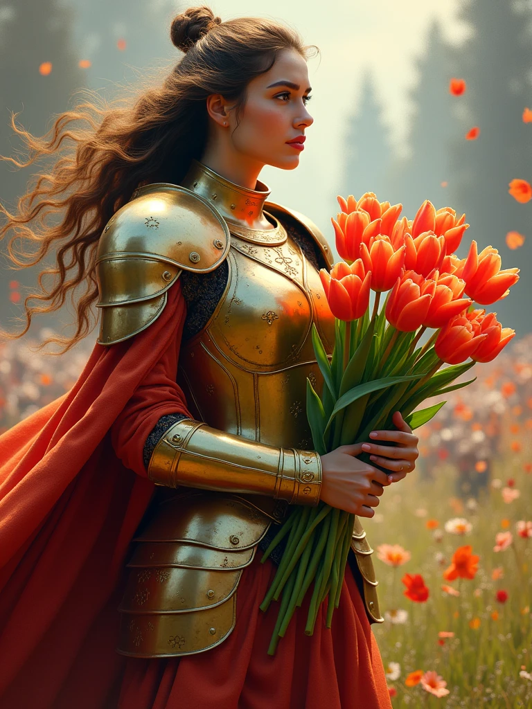 A majestic warrior in shining armor，((She holds a beautiful bouquet of tulips))，((Beautiful tulips))，Standing in the middle of a fierce battle。This scene was inspired by key elements of Gustav Klimt’s famous Golden Age。Lively and lively composition，The strokes are bold。The color palette used is intense，A perfect display of the warrior&#39;s raw power and unwavering determination。This figure uses a variety of digital techniques，Gives it a soft and delicate quality，Adding an otherworldly charm to the turbulent battlefield。Immerse yourself in this enchanting fantasy world，Legends are crafted here，The championship is up for grabs here。Admire the intricate decoration of the warriors&#39; armor、The shining edge of the blade and the vibrant energy of the battle before us。Every stroke of this digital artwork transports you into a world where courage and determination are the norm。