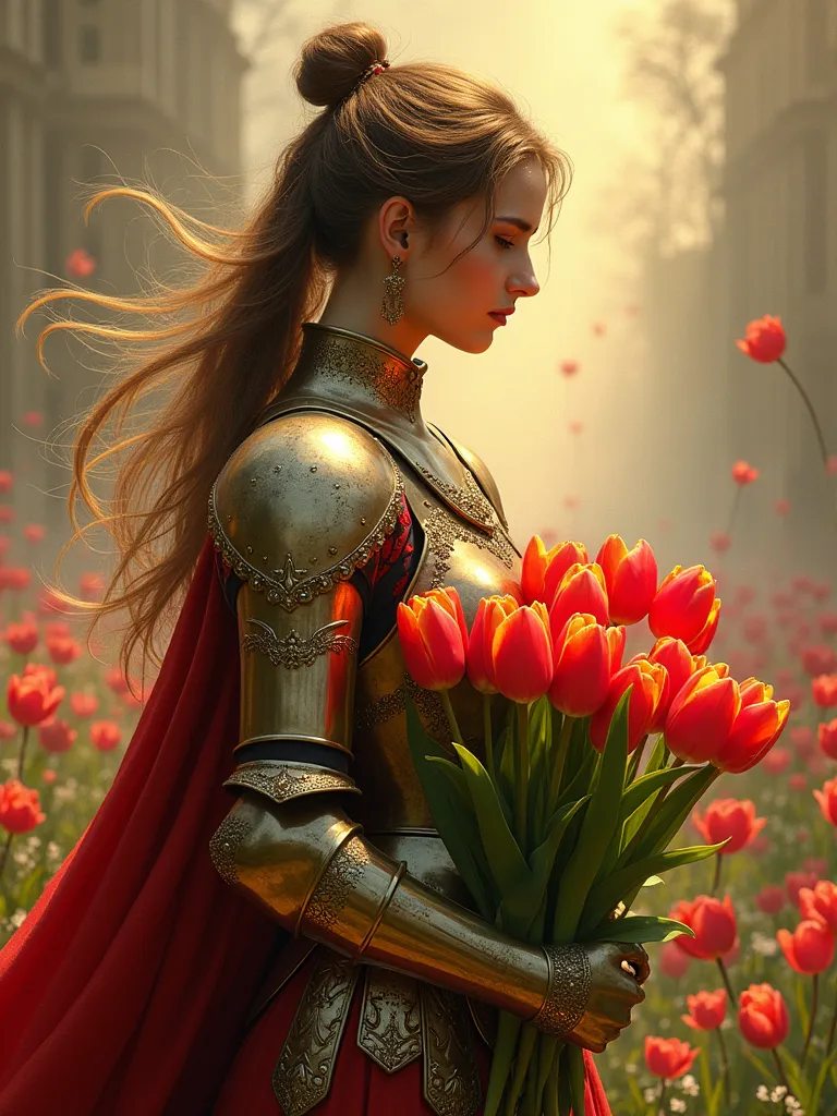 a majestic warrior in shining armor，((she holds a beautiful bouquet of tulips))，((beautiful tulips))，standing in the middle of a...