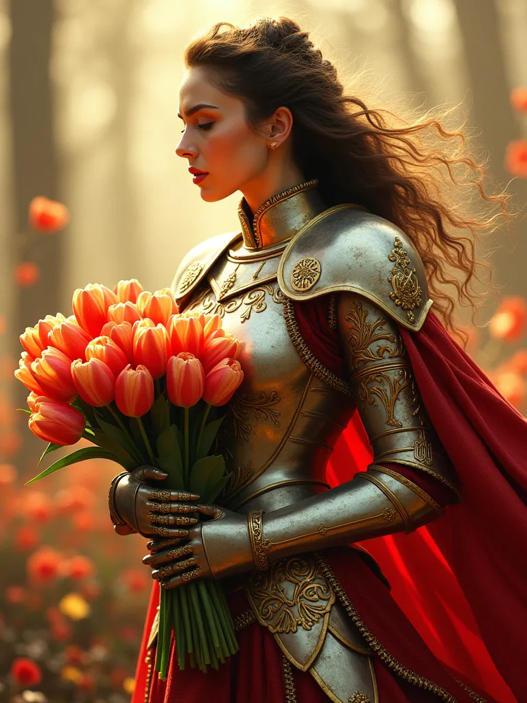 a majestic warrior in shining armor，((she holds a beautiful bouquet of tulips))，((beautiful tulips))，standing in the middle of a...