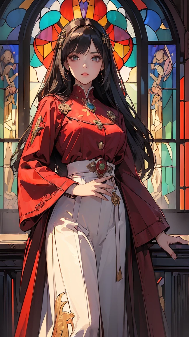 (((Best quality, 8k, Masterpiece: 1.3)), ((best quality)), ((masterpiece)), (detailed), perfect face, high resolution, Textured skin, anime style, Vintage jacket suit, Woman with dark hair, long hair reaching down to her waist, She is wearing a red ruby ​​ring on her right ring finger, Turn away, Background (stained glass, church)