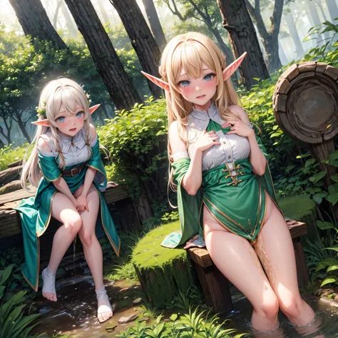 elf girls, blushing, mouths open in arousal, (peeing self:1.3), pee stains, wet panties, ensemble in the forest,  campfire.