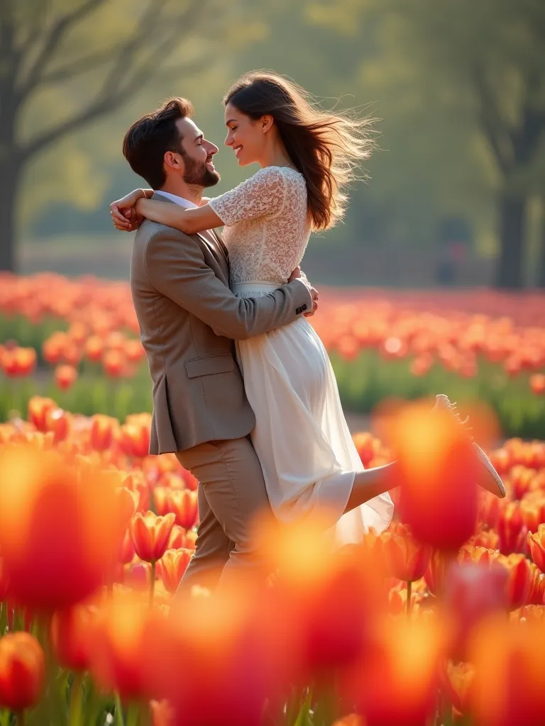 a handsome man lifts a beautiful woman into the air，(((surrounded by fields of brightly colored tulips)))。their facial expressio...