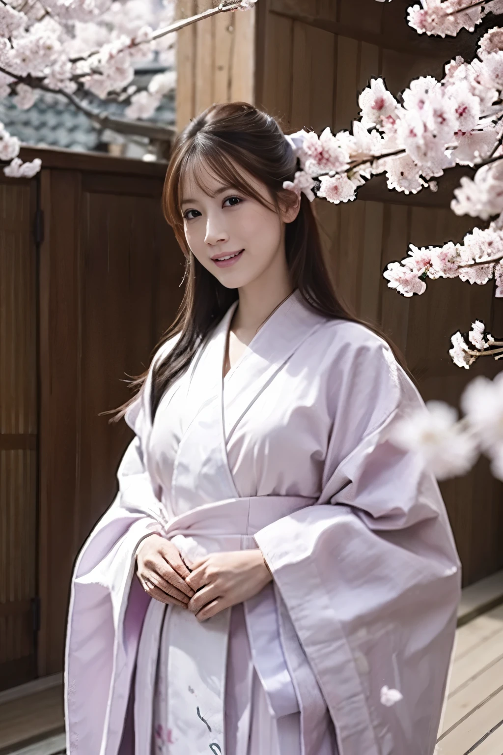 ((photorealistic:1.3)),((ultra detailed)),((sharp:1.2)),((cinematic light)),1girl, solo,(grin), Transparent skin,fein detailed face,long hair, cherry blossom, hanami, white flower, white flower, wisteria,flower, plum blossoms, outdoors, falling petals, black eyes, white kimono, purple hairsumi,(yukata), starlight hair,hair down,full body,Gravure Model Pose、((Hair soaring in the wind)),
