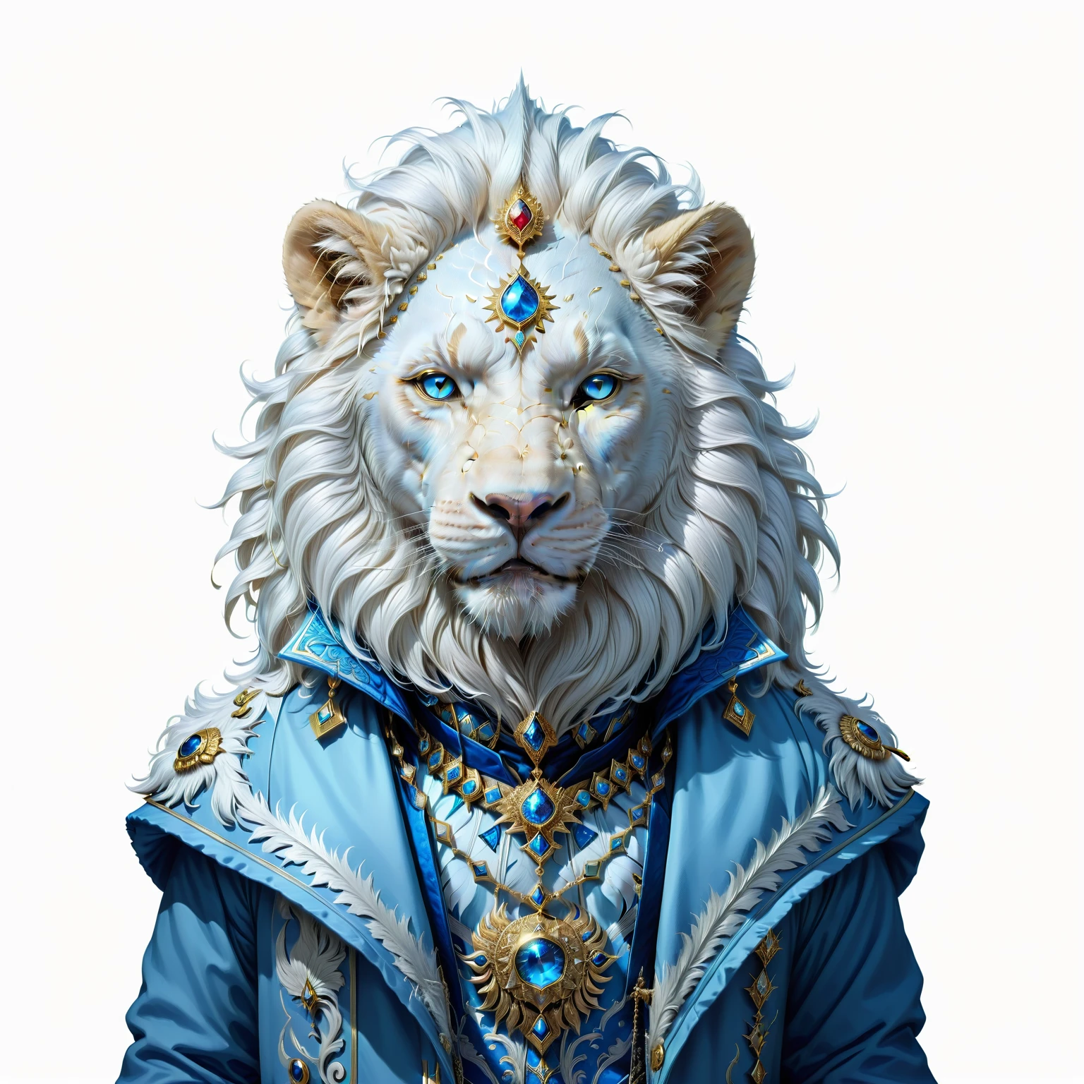 there is a white albino lion wearing a blue coat and a gold necklace, Aslam, The lion, albino mystic portrait, hyperdetailed fantasy character, dramatic cinematic detailed skin, Majestade em roupas nobres,  majestic, dominant with white and blue colors, wearing a general geneticist costume jacket, Syrian mystic lion, complex fantasy character, wearing a cut blue crystal jewelry with gold border. It has a radiant blue light coming from the third eye.