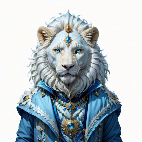 there is a white albino lion wearing a blue coat and a gold necklace, aslam, the lion, albino mystic portrait, hyperdetailed fan...