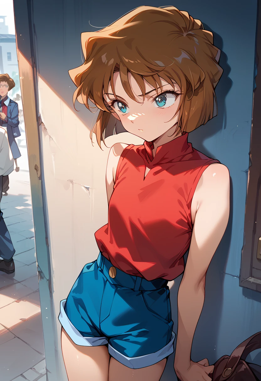 masterpiece,High resolution,Highest quality,8k
(Detective Conan,ai haibara)
(7-year-old girl,,Flat Chest,Short,Brown Hair,short hair)
(Red sleeveless,Navy blue shorts)