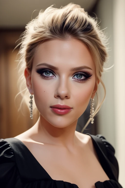 scarlet1,1girl, (realistic),(hyperrealism),(best quality),(masterpiece),(ultra high res),(photorealistic),idol,eye makeup,detailed eyes,detailed face,black dress, posing for a photo, at the hallway 