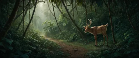 nature shot with wide shot of a dark jungle scene,face of a baby golden-deer hiding between the bushes,hunting,nightfall,dimmly ...