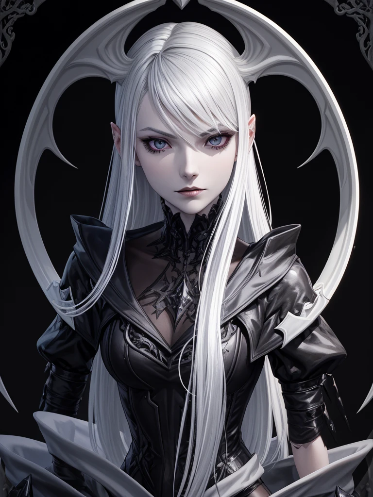 Insanely detailed photograph of a gorgeous vampire man, Goth Renaissance, Long, voluminous white hair, Complex white eyes, Fantasy, vampire, Mysterious, Ultra-detailed, 32K resolution, Dynamic Lighting, Ultra-detailed, Exquisitely crafted, Trending on Art Station, 3 colours, Volumetric lighting, Balenciaga Style