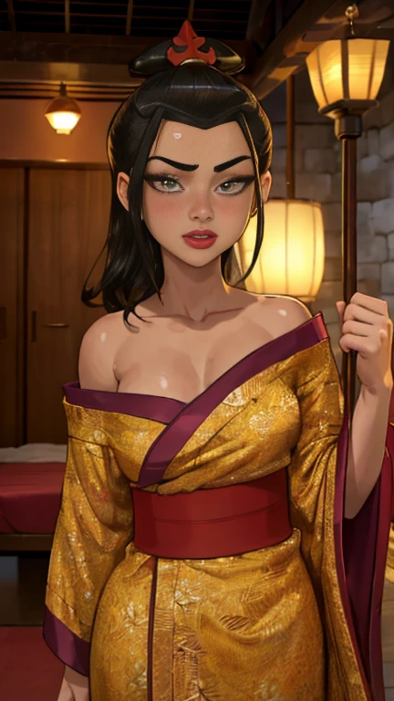 Beautiful, Masterpiece, Best Quality, extremely detailed face, perfect  lighting, Cowboy shot, 1girl, Azula, (8 years old:1.4), kimono, seductive, bare shoulders, hip vent, pomade, blushful, moan, makeup, looking a viewer, erotica, 1girl, solo, light skin, quarter turn,1/4 body pose, upper body view, eyes focus, looking at the viewer, (flirty facial expression:1.3), luxurious spa with candlelit ambiance, (masterpiece, best quality, absurdres, detailed, ultra-detailed:1.3), alluring, (highly detailed, high quality:1.3)