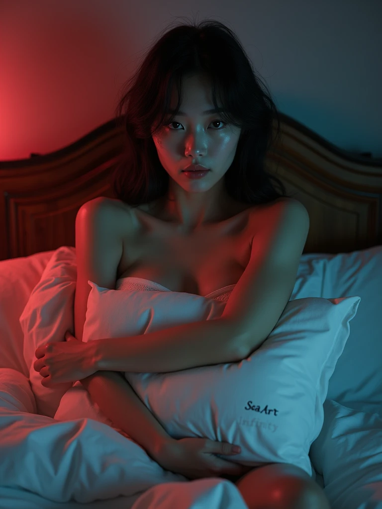 A naked Japanese woman sits on a bed, hugging a large pillow with the words "SeaArt Infinity" written on it, with her huge breasts partially hidden by the pillow, her cleavage exposed, looking at the viewer, full body shot, movie lighting, glow, neon,