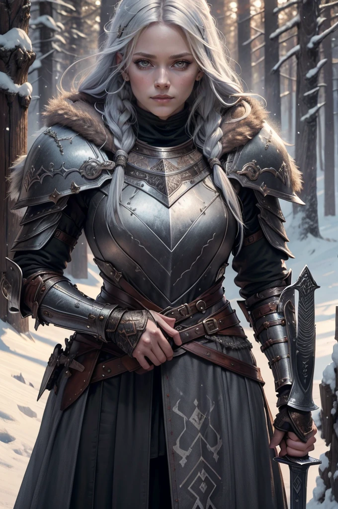 1girl, (warrior), winter clothes, (blood on face:0.8), (Norse:1.1),intricate, fur, shoulder armor, , long hair, (eyeliner:1), wind, blizzard, looking at viewer,jewelry,blue eyes ,detailed background, depth of field,glowing eyes (masterpiece, high quality:1), dual wielding,fist,Lady Knight，anatomical correct，epic fantasy digital art，tmasterpiece，8k，high-definition resolution，detailed drawing，Quality Superior，, Epic composition,​masterpiece, Best Quality, detailed, Cinematics, 4k, Background with:Viking buildings built on snowy fjord cliffs, Fierce viking woman warrior wearing armor and fur coat with rune tattoos,(best quality,4k,highres),(realistic,physically-based rendering),a girl,armor:simple,winter,fur,holding a sword,serious expression,vivid colors,portrait,sharp focus,studio lighting,detail of the eyes,metal texture,cold environment,forest background,falling snow,smoke effect,(best quality,4k,highres),(realistic,physically-based rendering),a girl,armor:simple,winter,fur,holding a sword,serious expression,vivid colors,portrait,sharp focus,studio lighting,detail of the eyes,metal texture,cold environment,forest background,falling snow,smoke effect
