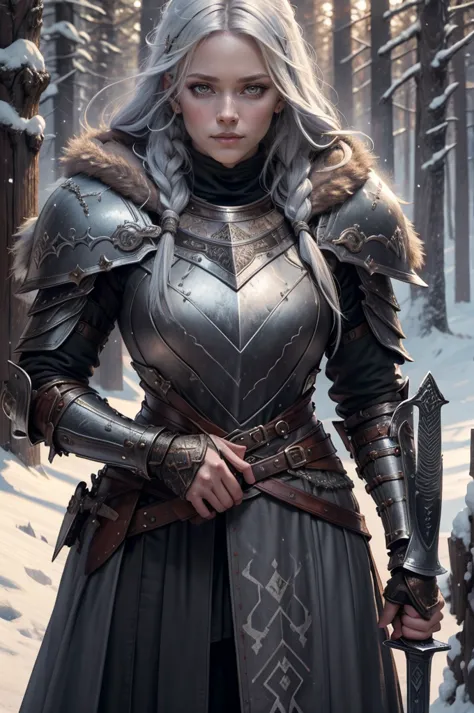 1girl, (warrior), winter clothes, (blood on face:0.8), (norse:1.1),intricate, fur, shoulder armor, , long hair, (eyeliner:1), wi...