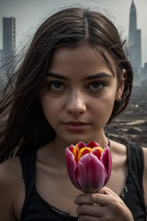 closeup of a young woman trying to touch a tulip flower, detailed face, detailed eyes, detailed lips, create a dystopian landsca...