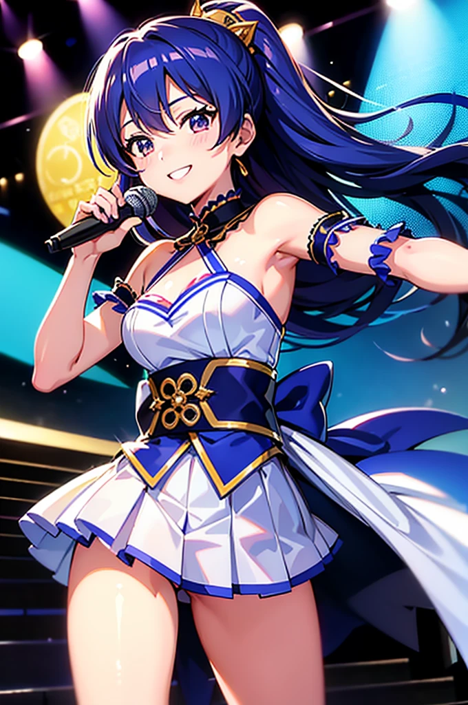 Highest quality, Ultra-high resolution,Idol Master,Kisaragi Chihaya,Idol Costume,18-year-old,165cm,Blue straight hair,Singing with a microphone,Shy smile,