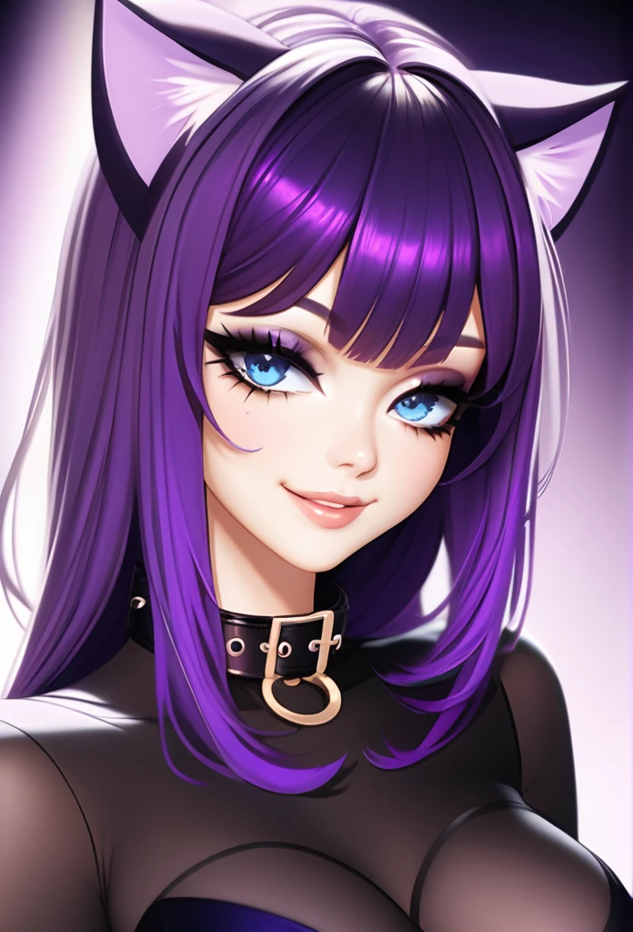 1girl, cat ears, purple cat tail, long hair, bangs, purple hair, gorgeous blue eyes, eyeliner, long lashes, soft smile, collar, black top, breasts