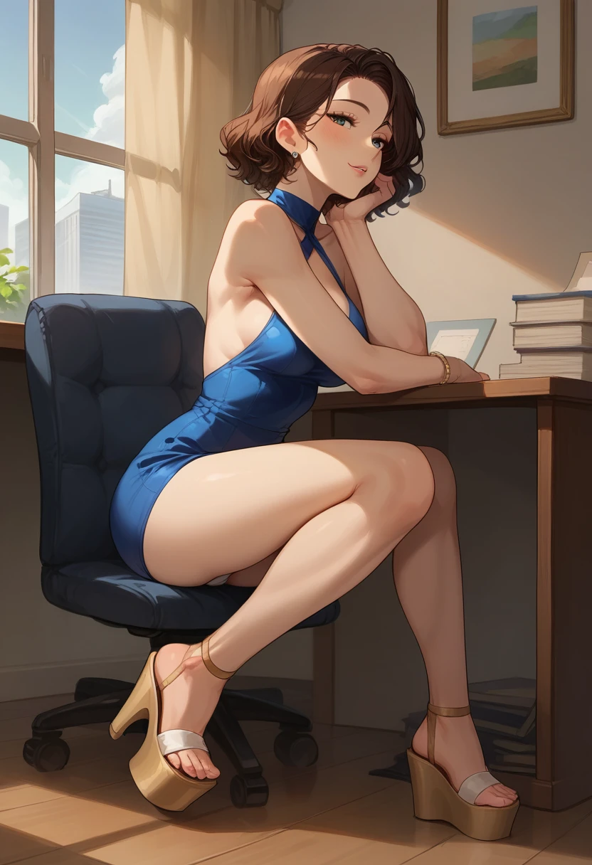 score_9, score_8_up, score_7_up, score_6_up, (three quarter shot:1.0), BREAK, 1girl, 30yo, female, short, slender slutty girl, brunette, wavy hair, cute and mature, wearing (very short blue halter minidress:1.1), (platform heels:1.2), (medium breasts, shoulder length hair:1.5), cleavage, BREAK, luxury office, resting ass on large executive desk, panties visible, (sexy pose:1.3), naughty expression, perfect proportions.