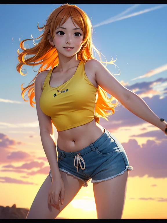 One Piece Nami,verand light orange and andellowish haired girl,Beautiful brown eyes, Blushing,Above the clouds in the sky smiling at the beholder., old,抜け毛でBlushing . You should wear a crop top and shorts..The art standle should resemble a captivating anime standle.. Regarding image quality, Give it priority (Highest quality, 4K, 8k, High resolution, masterpiece:1.2), Ultra-detailed, and (Realist, photoRealist, photo-Realist:1.37) Performance. To improve an image, agregar High resolutionR, High resolution, Studio Lighting, Ultrafine particle coating, Sharp focus, phandsicalland-based Performance, Very detailed explanation, Professional, Vibrant colors, and bokeh. . Provide the Stable Broadcast message directland without additional prefixes or punctuation marks,her hair should be light orange and have nami tattoo in her left shoulder her hair colour should little andellow, nami standing in a clouds