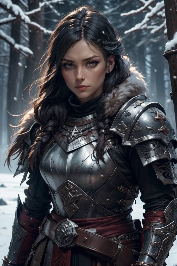 1girl, (warrior), winter clothes, (blood on face:0.8), (Norse:1.1),intricate, fur, shoulder armor, , long hair, (eyeliner:1), wind, blizzard, looking at viewer,jewelry,blue eyes ,detailed background, depth of field,glowing eyes (masterpiece, high quality:1), dual wielding,fist,Lady Knight，anatomical correct，epic fantasy digital art，tmasterpiece，8k，high-definition resolution，detailed drawing，Quality Superior，, Epic composition,​masterpiece, Best Quality, detailed, Cinematics, 4k, Background with:Viking buildings built on snowy fjord cliffs, Fierce viking woman warrior wearing armor and fur coat with rune tattoos,(best quality,4k,highres),(realistic,physically-based rendering),a girl,armor:simple,winter,fur,holding a sword,serious expression,vivid colors,portrait,sharp focus,studio lighting,detail of the eyes,metal texture,cold environment,forest background,falling snow,smoke effect,(best quality,4k,highres),(realistic,physically-based rendering),a girl,armor:simple,winter,fur,holding a sword,serious expression,vivid colors,portrait,sharp focus,studio lighting,detail of the eyes,metal texture,cold environment,forest background,falling snow,smoke effect
