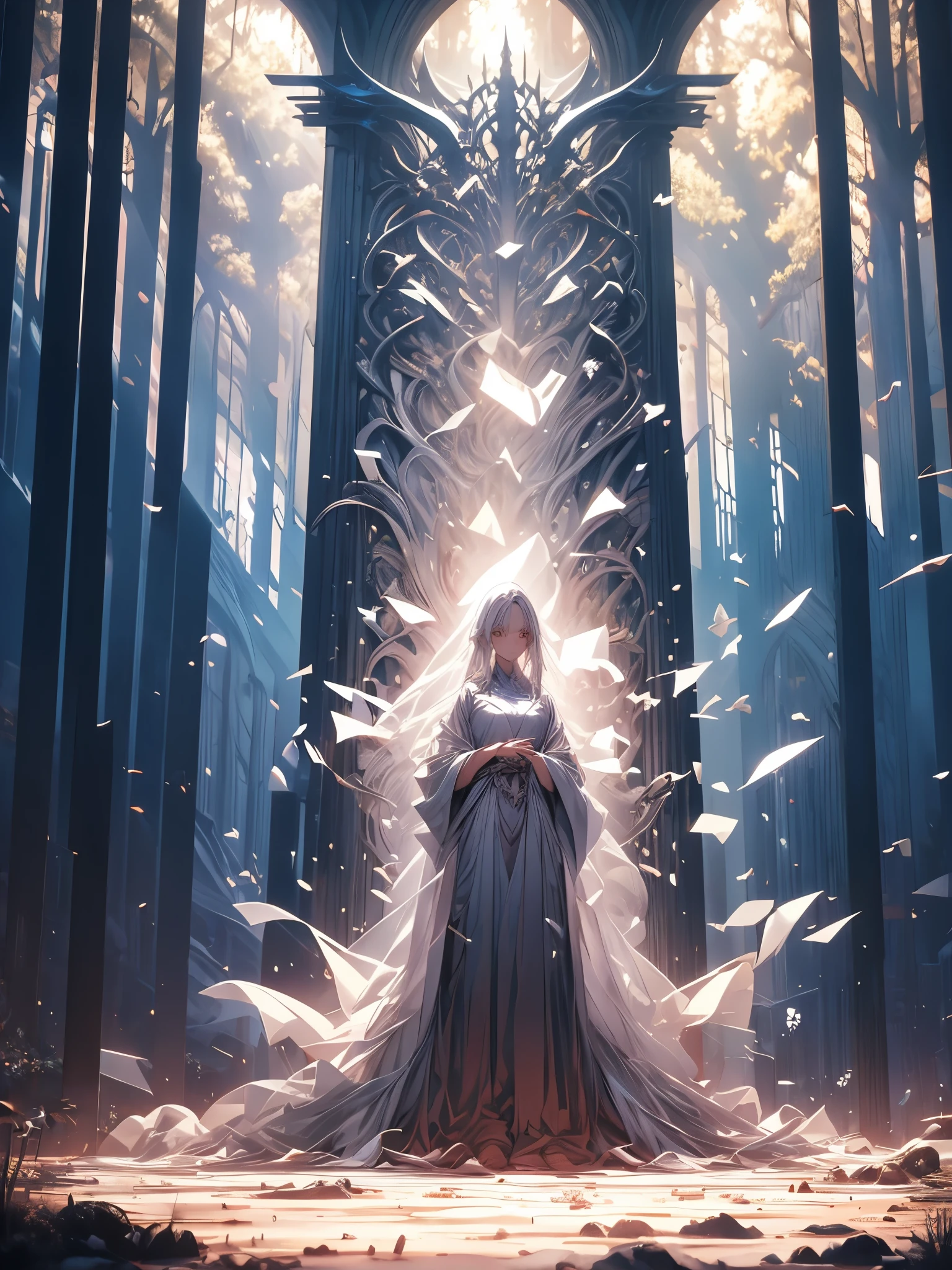 Beautiful girl in a transparent gray robe standing in a dark forest, Magnificent style, Octane Rendering, Desert Composition, Beautiful Face, Surreal, Oil on canvas, Awards, artwork, Art Station Trends, Studio Ghibli