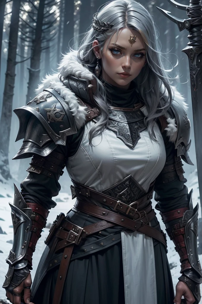 1girl, (warrior), winter clothes, (blood on face:0.8), (Norse:1.1),intricate, fur, shoulder armor, , long hair, (eyeliner:1), wind, blizzard, looking at viewer,jewelry,blue eyes ,detailed background, depth of field,glowing eyes (masterpiece, high quality:1), dual wielding,fist,Lady Knight，anatomical correct，epic fantasy digital art，tmasterpiece，8k，high-definition resolution，detailed drawing，Quality Superior，, Epic composition,​masterpiece, Best Quality, detailed, Cinematics, 4k, Background with:Viking buildings built on snowy fjord cliffs, Fierce viking woman warrior wearing armor and fur coat with rune tattoos,(best quality,4k,highres),(realistic,physically-based rendering),a girl,armor:simple,winter,fur,holding a sword,serious expression,vivid colors,portrait,sharp focus,studio lighting,detail of the eyes,metal texture,cold environment,forest background,falling snow,smoke effect,(best quality,4k,highres),(realistic,physically-based rendering),a girl,armor:simple,winter,fur,holding a sword,serious expression,vivid colors,portrait,sharp focus,studio lighting,detail of the eyes,metal texture,cold environment,forest background,falling snow,smoke effect
