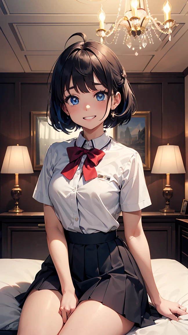 anna_yanami, skirt, blue eyes, blue hair, bow, shirt, ahoge, short sleeves, grey skirt, pleated skirt, school uniform, BREAK looking at viewer, (cowboy shot:1.5), BREAK (masterpiece:1.2), best quality, high resolution, unity 8k wallpaper, (illustration:0.8), (beautiful detailed eyes:1.6), extremely detailed face, perfect lighting, extremely detailed CG, (perfect hands, perfect anatomy),---(8K, raw, highest quality, real 1.2), ultra high quality, high resolution, highest quality, perfect face, perfect limbs, perfect fingers, high resolution, (beautiful anime face, cute face, detailed face), smile of joy, smiling expression, sitting on bed, cowboy shot, miniature human hand, (((small bust 1.3))), (((thin thighs 1.3))), ((white walls bedroom 1.5)), ((white framed bed 1.5)), ((white ceiling bedroom 1.5)), ((divine light 1.5)), pure white chalk interior, pure white marble interior, ((Pure white bedroom like a Western castle: 1.5)), ((Luxurious pure white canopy bed: 1.4)), ((Chandelier: 1.4))), ((Pure white bed 1.5)), ((Beautifully decorated bedroom 1.5)), perfect anatomy, perfect proportions, nice lighting, bright colors, clean lines, information, blurred, stunning facial expression, restless emotions, gorgeous and cute, beautiful face and eyes in every detail, (masterpiece) beautiful face, young and handsome girl, really perfect skin, blurred, stunning facial expression, restless emotions, gorgeous and cute, beautiful face and eyes in every detail, (Audrey Hepburn), (cute), (J-POP idol), (thighs, (depth of field), (depth of field), soft light, glittering lens gaze, (droopy eyes), straight teeth, shy smile, flowing hair, a scene from Blake's movie,