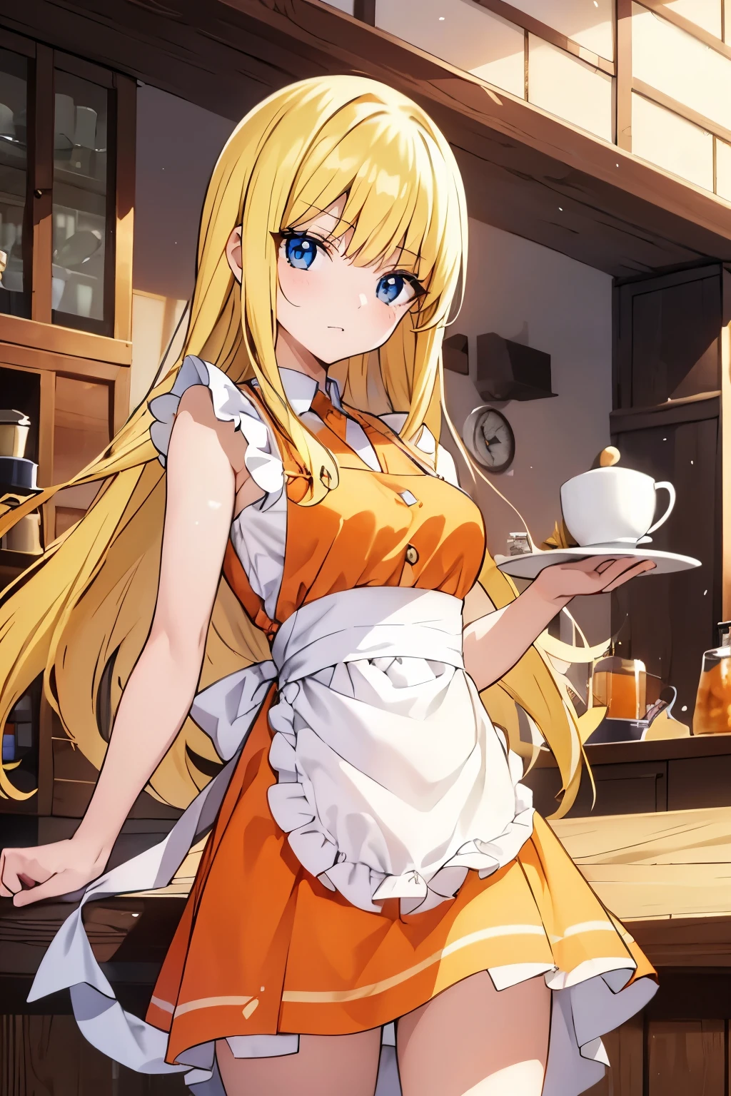 fairy_tail_style, solo, 1 girl, (young female body:1.4), (medium small breasts), golden yellow hair, extra long hair, blunt bangs, crystal blue eyes, very detailed eyes, cowboy shot, detailed eyes, barista, coffe shop, coffee, white apron, orange uniform, orange dress with white apron, sunny orange under dress, poofy orange dress under apron