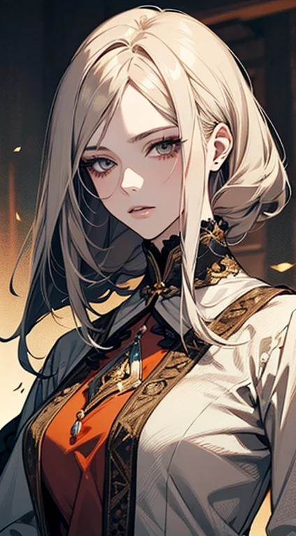 A painting of a woman brown gray hair and an orange top, stunning anime face portrait, beautiful character painting, beautiful anime portrait, her image is rendered by red paint, presenting a stunning effect. The painting is very detailed, depicting women's faces and clothing. Her face has a creamy dripping effect, which makes the whole face more vivid. She wears a beautiful detailed outfit with pale gray hair. The proportions are accurate, and the costumes of the female characters are traditionally dressed, showing a classical charm.