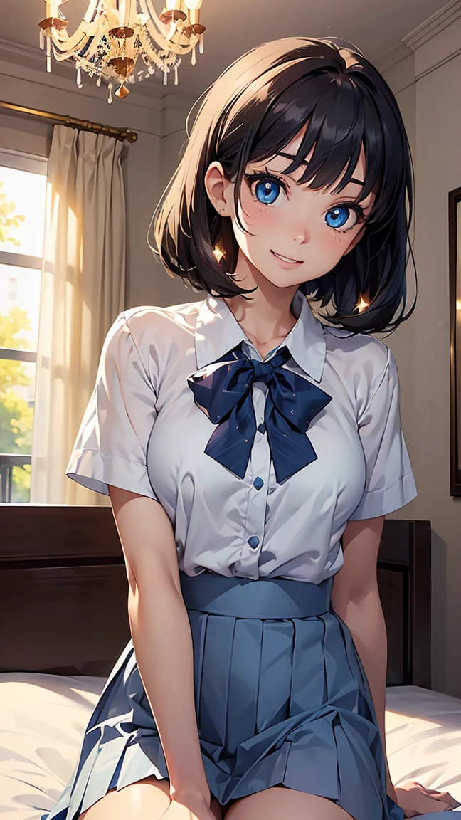 anna_yanami, skirt, blue eyes, blue hair, bow, shirt, ahoge, short sleeves, grey skirt, pleated skirt, school uniform, BREAK looking at viewer, (cowboy shot:1.5), BREAK (masterpiece:1.2), best quality, high resolution, unity 8k wallpaper, (illustration:0.8), (beautiful detailed eyes:1.6), extremely detailed face, perfect lighting, extremely detailed CG, (perfect hands, perfect anatomy),---(beautiful anime face, cute face, detailed face), smile of joy, smiling expression, sitting on bed, cowboy shot, miniature human hand, (((medium bust 1.3))), (((thin thighs 1.3))), ((white walls bedroom 1.5)), ((white framed bed 1.5)), ((white ceiling bedroom 1.5)), ((divine light 1.5)), pure white chalk interior, pure white marble interior, ((Pure white bedroom like a Western castle: 1.5)), ((Luxurious pure white canopy bed: 1.4)), ((Chandelier: 1.4))), ((Pure white bed 1.5)), ((Beautifully decorated bedroom 1.5)), perfect anatomy, perfect proportions, nice lighting, bright colors, clean lines, information, blurred, stunning facial expression, restless emotions, gorgeous and cute, beautiful face and eyes in every detail, (masterpiece) beautiful face, young and handsome girl, really perfect skin, blurred, stunning facial expression, restless emotions, gorgeous and cute, beautiful face and eyes in every detail, (Audrey Hepburn), (cute), (J-POP idol), (thighs, (depth of field), (depth of field), soft light, glittering lens gaze, (droopy eyes), straight teeth, shy smile, flowing hair, a scene from Blake's movie,