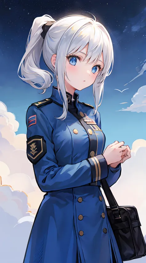 a girl in a military uniform that is mostly white with blue accents、white hair ponytail、blue eyes、android girl