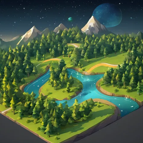 ((masterpiece, best quality)), absurdres, Isometric_Setting, woods, forest, river banks and road trails, grassfield, space and s...