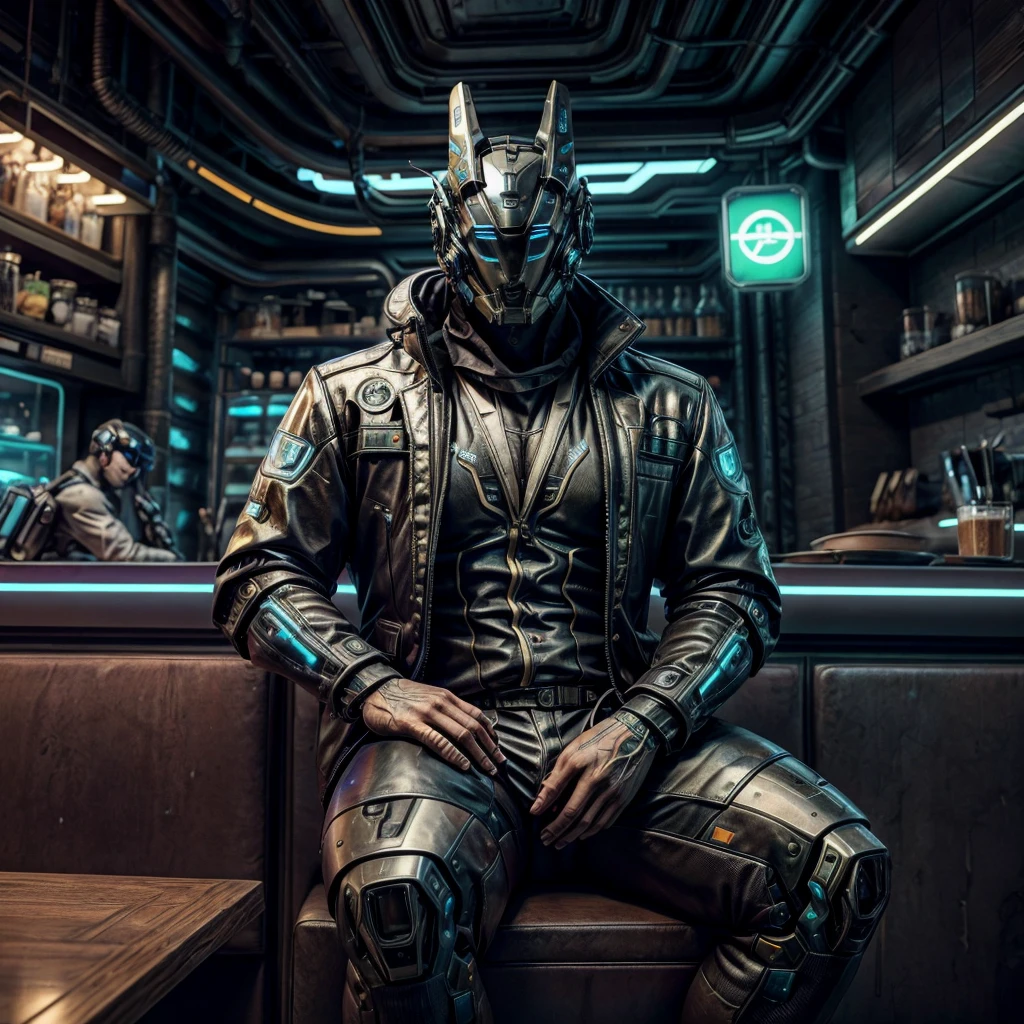 male, (muscular, only Glowing cyberpunk future helmet, business suit,)  realistic, cafe, sitting in front, hero,