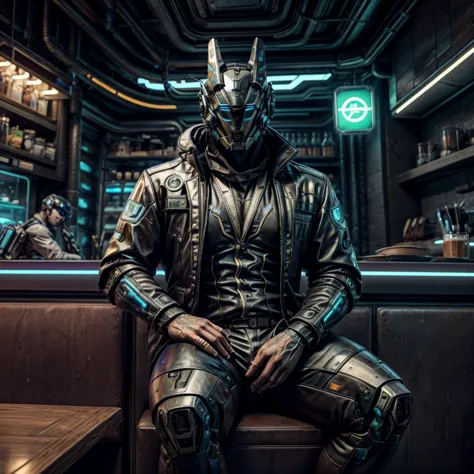 male, (muscular, only glowing cyberpunk future helmet, business suit,)  realistic, cafe, sitting in front, hero,