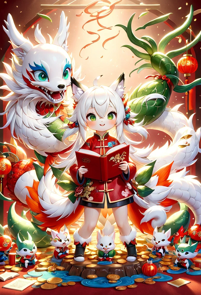 full body display、Images of Japanese monsters、Nine-tailed fox、The tail９A fox with a book、９本のThe tail扇状に広がっている、Fantastic tail art、Cucumber fox、White fox、animal、White fox、fox、Fantastic fox、very very beautiful fur、Fantasy leather art