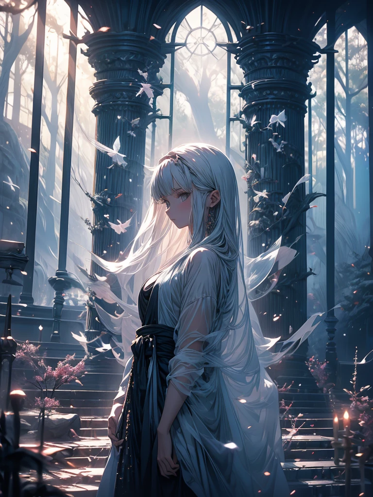 Beautiful girl in a transparent gray robe standing in a dark forest, Magnificent style, Octane Rendering, Desert Composition, Beautiful Face, Surreal, Oil on canvas, Awards, artwork, Art Station Trends, Studio Ghibli, Close-up of a girl