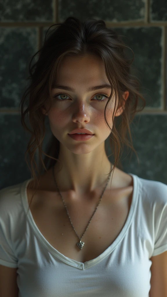 (masterpiece, photorealistic:1.4, extremely intricate:1.3, radiosity, photon mapping, dtx, 8K), ((((closeup necklace, white t-shirt, humid, [medium breasts:large breasts:0.8])), humid, [skin detail:freckles:0.7], natural, 19 year teenage supermodel), dark room, ((stone shower, glass shower, clean)))
