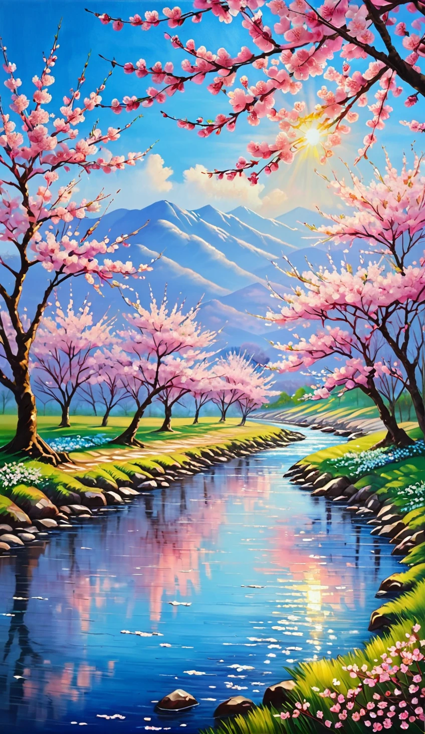 oil painting, Cherry blossoms, Sky (blue), Flowers (pink), Natural scenery, Fresh and clean, Cherry blossom tree, stream, Springtime, Beautiful landscape, Sunlight, Warm atmosphere, very detailed