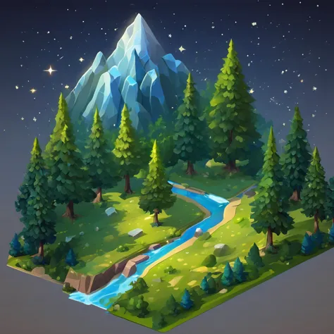 ((masterpiece, best quality)), absurdres, Isometric_Setting, woods, forest, river banks and road trails, grassfield, space and s...