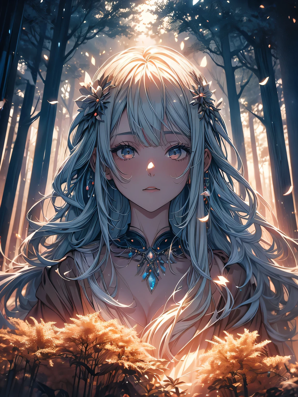 Beautiful girl in a transparent gray robe standing in a dark forest, Magnificent style, Octane Rendering, Desert Composition, Beautiful Face, Surreal, Oil on canvas, Awards, artwork, Art Station Trends, Studio Ghibli, Close-up of a girl