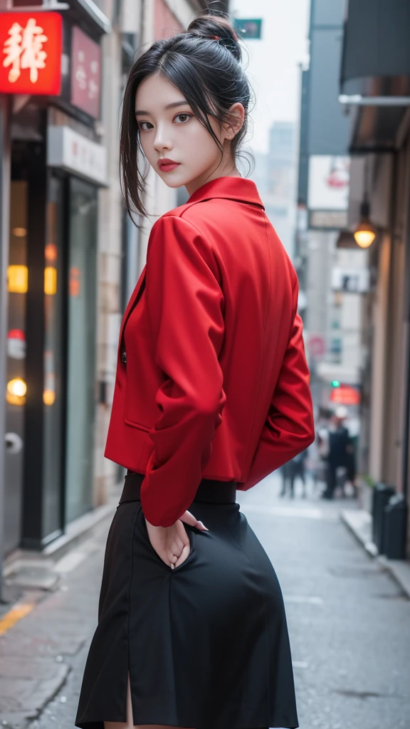 high resolution,masterpiece,best quality,Extremely detailed,National Foundation,1 Girl,City, street,Put your hands behind your back, Black skirt, Red Jacket, Eyes Focus,