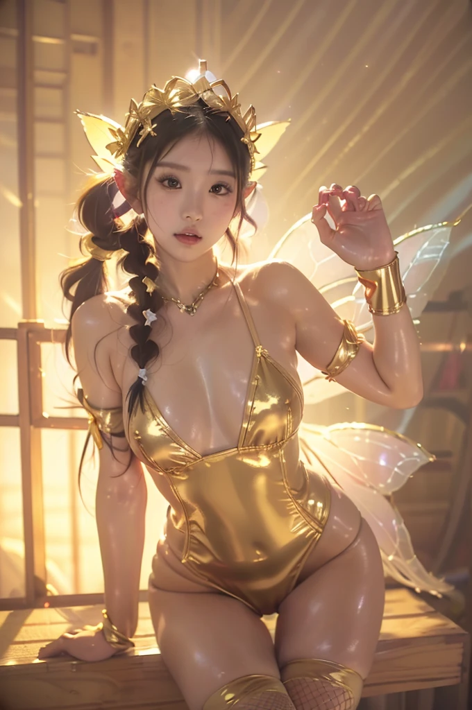 Japanese cute girl dressed as Kannon Bodhisattva, ((wearing a golden leotard)), ((wearing white fishnet stockings)), wearing a treasure crown on her head, Golden Transparent Fluttering Robes, ((In front of the luxurious golden wall)), (very young girl), 9 years old, (((oily body))), (((twin tail hair))), straight twintail hair, white skin, standing, ((She has fairy wings on her back)), (((huge breasts))), (((realistic))), (((High resolution))), (((anatomically correct)))