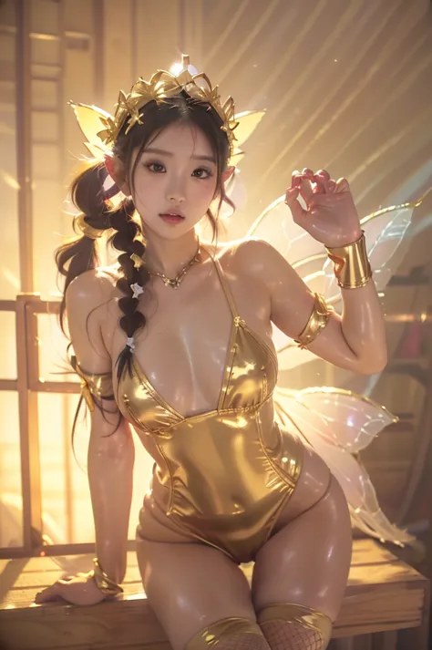 Japanese cute girl dressed as Kannon Bodhisattva, ((wearing a golden leotard)), ((wearing white fishnet stockings)), wearing a t...