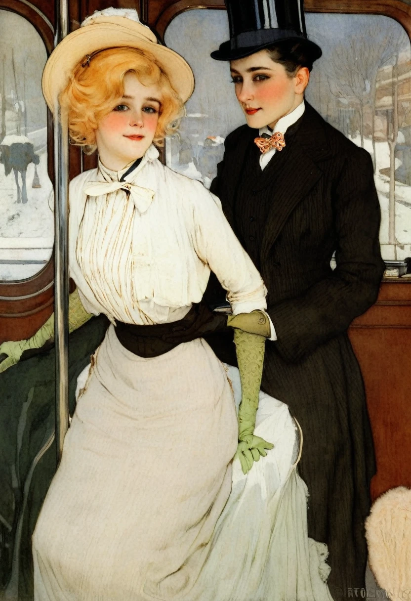 best quality, masterpiece, by Jessie Willcox Smith, bright colors, A 14yo blonde girl riding the streetcar is groped by the aged, white-haired perverted 69yo man sitting next to her staring intently at her breasts. Girl wearing an Edwardian outfit (((1900_dr3ss))), hat, gloves, boots. Man wearing a three-piece business suit, starched collar bowtie and bowler hat