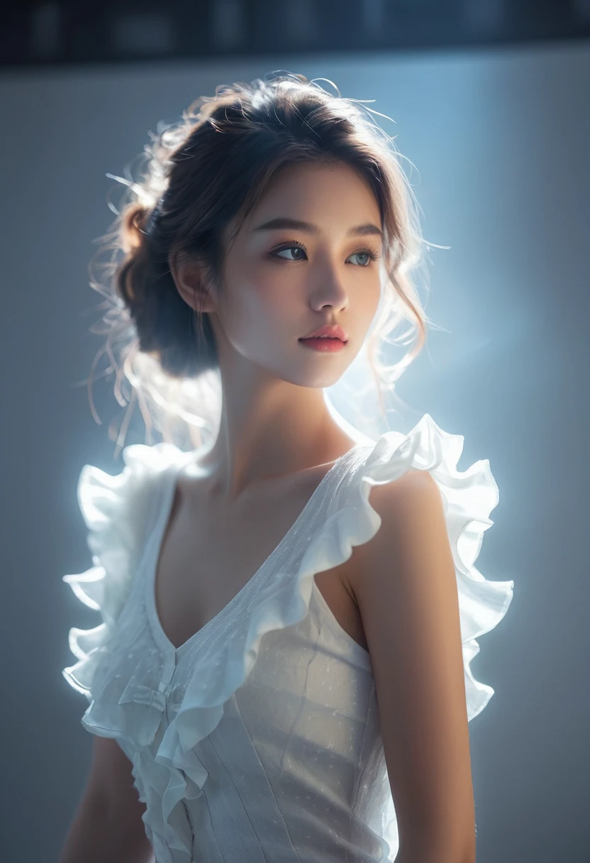 ((gem_Light elements)), (Translucent luminous body_Wearing a white ruffled shirt:1.3), (Girl made of light: 1.2, Long Wavy Hairstyle，Delicate features and lightness:1.3), (Minimalism: 0.5), (Close-up shot from the waist up: 1.3), 4K, HDR, Acid Graphics, Fantasy works, [Detailed and vivid facial expressions: 0.33], (White translucent glowing body and hair: 1.3), Beautiful woman with silhouette and glow, Understated elegance.. Calm and solemn atmosphere，Bring a subtle sense of luxury... Gray smooth texture, Fashion pose, Fluorescence, Glowing Tattoo, 生物Glowing Tattoo, Luminous pattern.