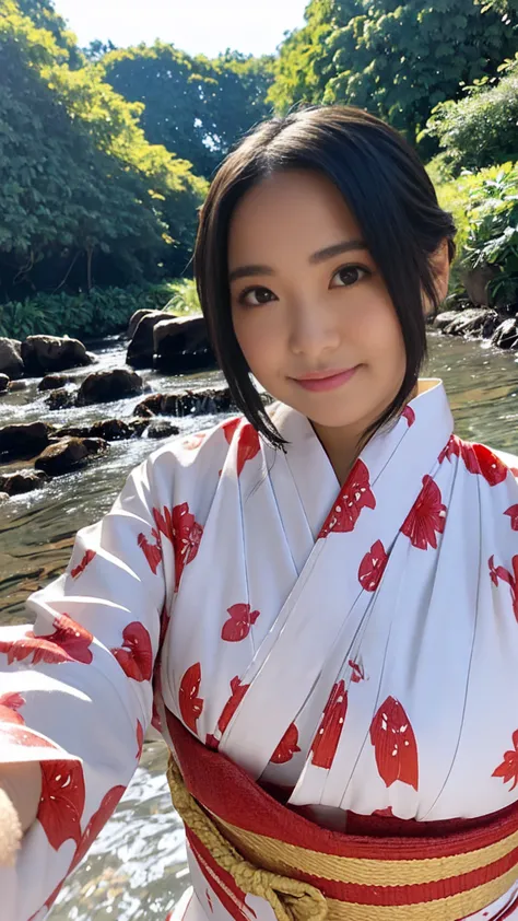 red and white checked yukata、a yukata with the chest open and breasts visible、(low length、huge breasts that are dehumanized、beau...