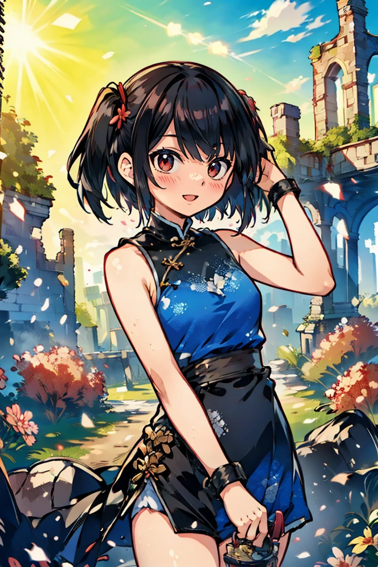 (masterpiece:1.2), (high quality:1.2), hasuichi nishizono, girls with((1girl, solo, black hair, (medium hair, right swept bangs, one side up:1.55), bare shoulder, blush, breasts, cowboy shot, chinese dress, sleeveless, hand cuffs, blue cheongsam, long dress, (open dress:1.34), black shorts)), background with((fantasy world, ruin, castle, beautiful sky, shining sky, sunshine:1.35))