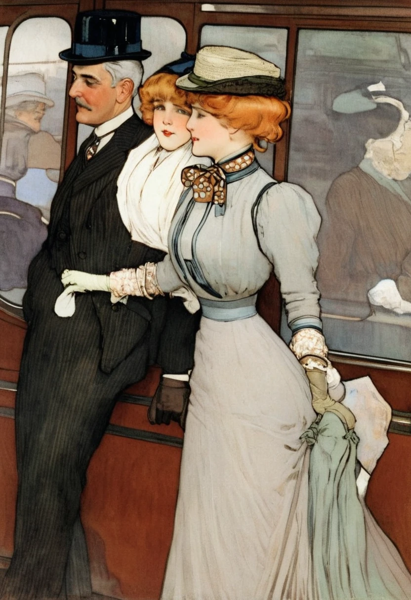 best quality, masterpiece, by Jessie Willcox Smith, bright colors, A 14yo blonde girl riding the streetcar is groped by the aged, white-haired perverted 69yo man sitting next to her staring intently at her breasts. Girl wearing an Edwardian outfit (((1900_dr3ss))), hat, gloves, boots. Man wearing a three-piece business suit, starched collar bowtie and bowler hat