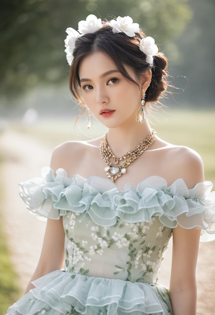 (best quality, masterpiece), 1 Girl, Intricate details, Off-shoulder, skirt, Necklace, Ruffles, transparent, Looking at the audience, blush, Upper Body, Blurred background, Floral, Contrasting